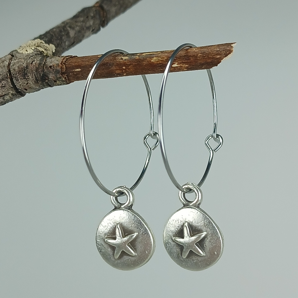 HAND CRAFTED Star Stainless Steel Hoop Earrings Rustic Celestial Minimalist